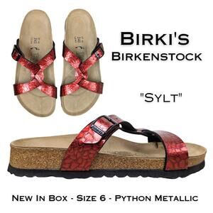 Birki's Birkenstock Sylt Womens Sandals 6 Red Metallic Python Embossed Bold NEW
